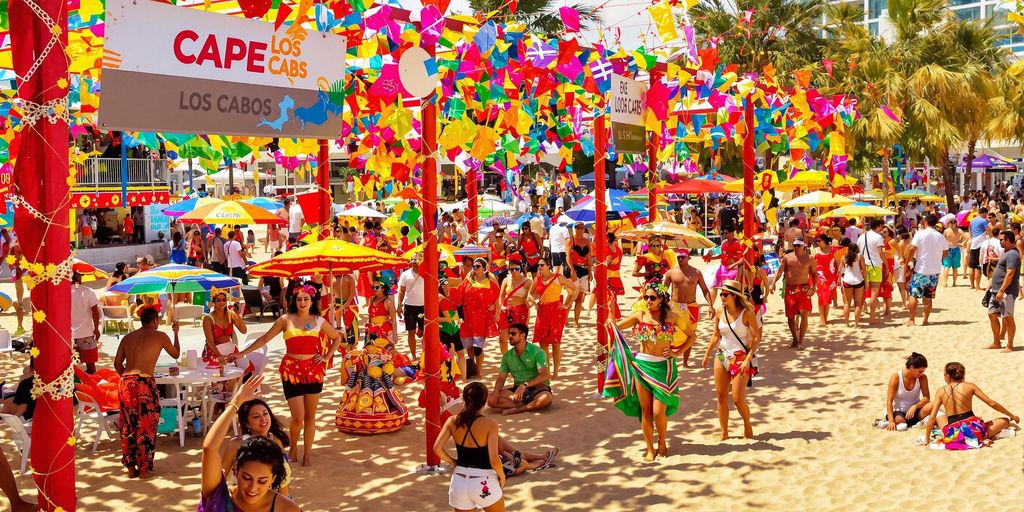 Colorful festival scene at Cape Los Cabos beach.