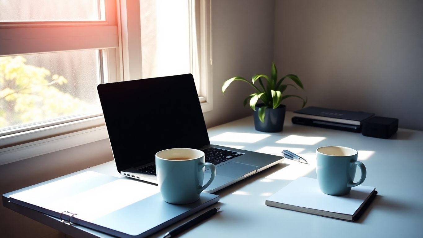 A cozy workspace with a laptop and coffee.