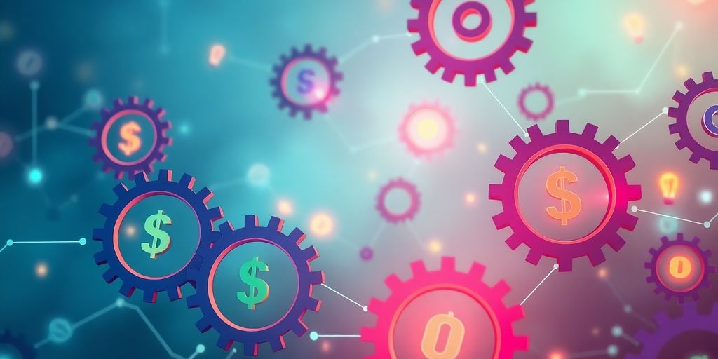 Digital gears rotating with dollar signs and lightbulbs.