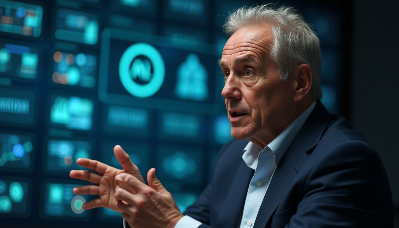 Concerned CEO discussing AI threats passionately.