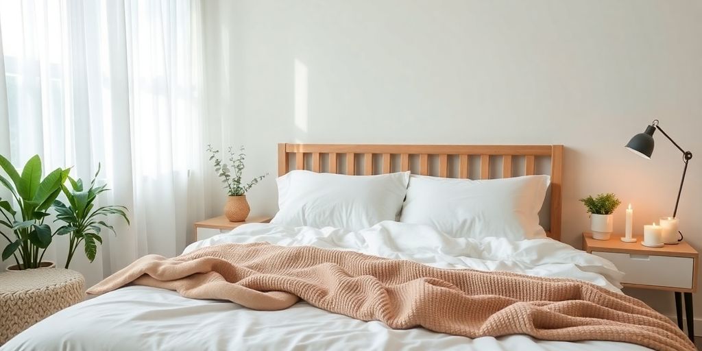 Cozy bedroom with soft lighting and calming decor elements.