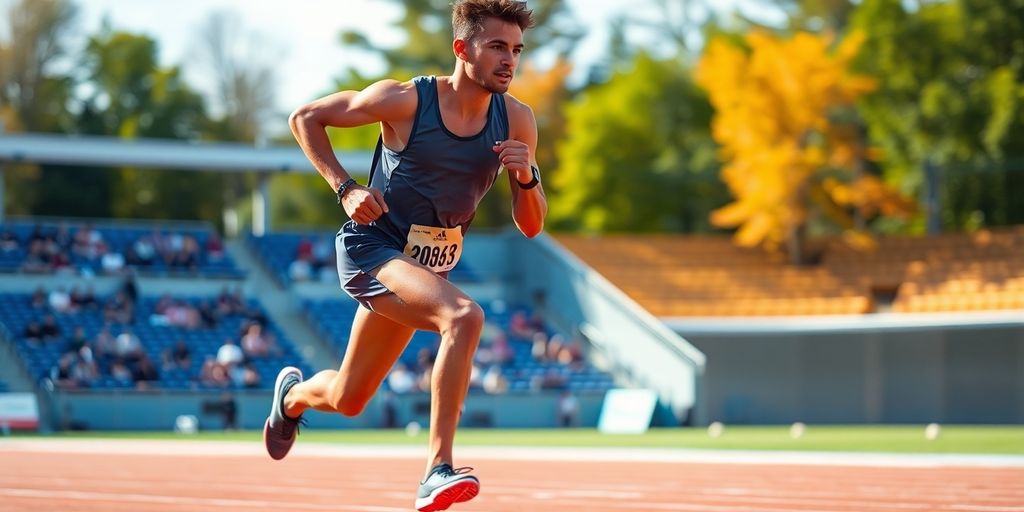 Runner sprinting on track with blurred background.