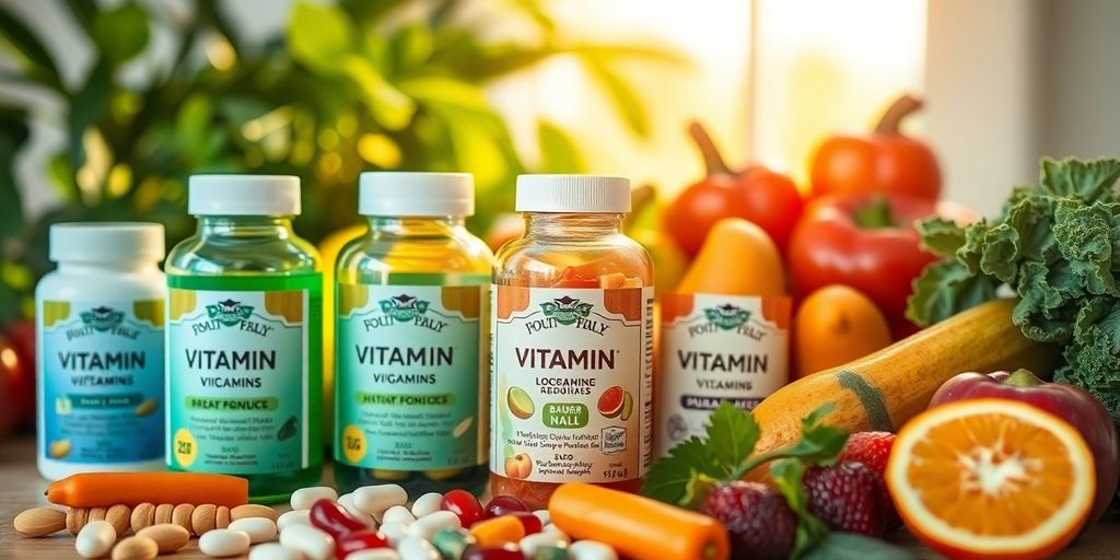 Vibrant vitamin bottles with fruits and vegetables for beauty.