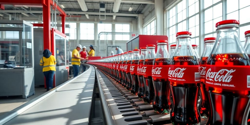 Workers monitor glass Coca-Cola bottles moving on factory production conveyor.