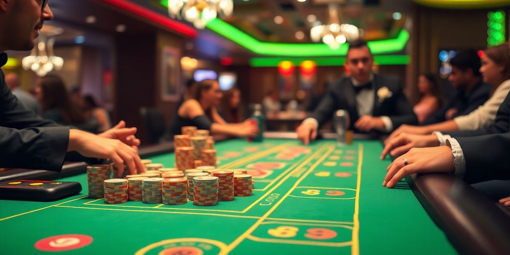 โต๊ะบาคาร่าพร้อมชิปสีสันและดีลเลอร์ในทักซิโด