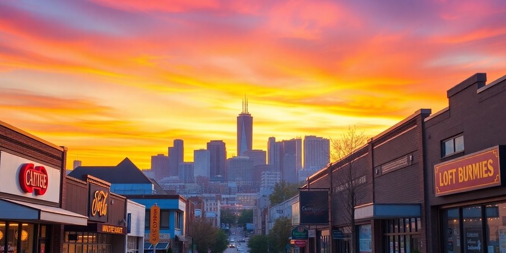 City skyline with local businesses at sunset.