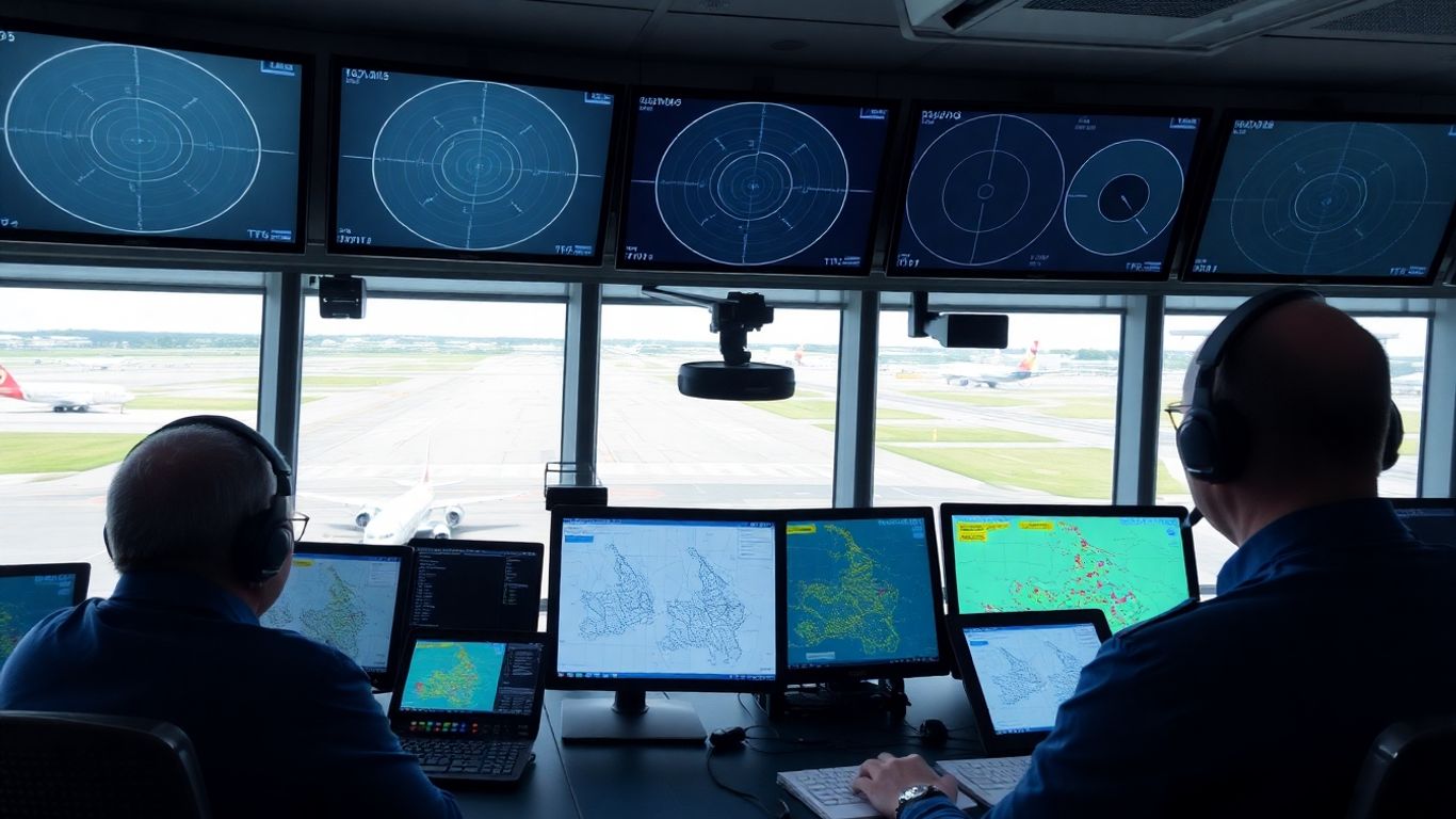 Contrôleurs aériens surveillant radars; pilotes préparant itinéraires, tour, piste, avions.