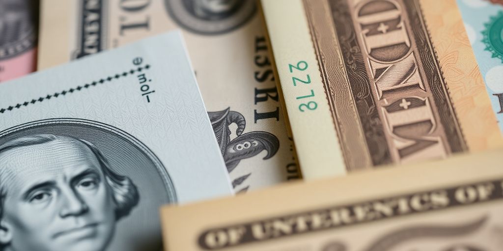 Various denominations of currency on a flat surface.