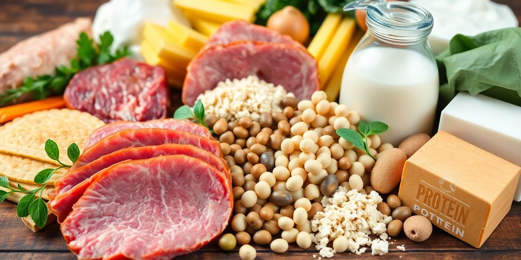 Close-up of protein-rich foods on a wooden surface.