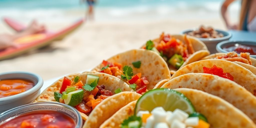 Assorted tacos and fresh salsa on a vibrant beach.