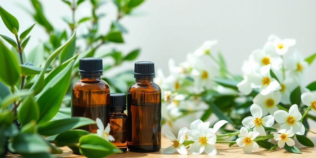 Essential oils bottles with calming plants and flowers.