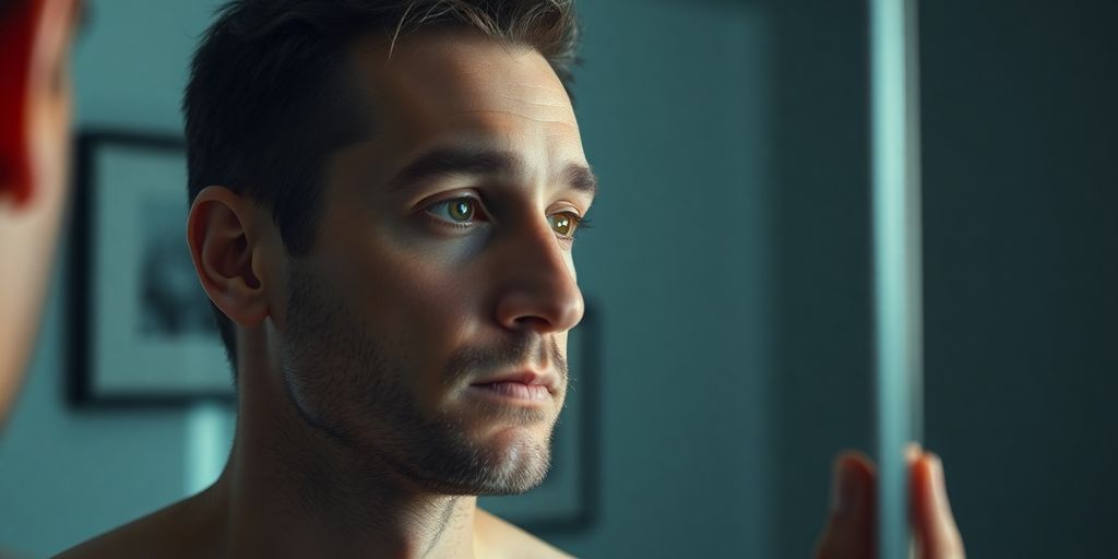 Man examining his reflection with a subtle glow.