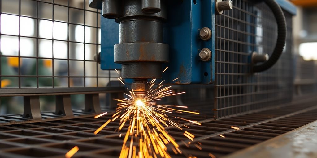Welding machine working on steel cage wire mesh.