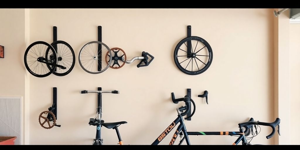 Bike wall hanger with various pedal solutions displayed.