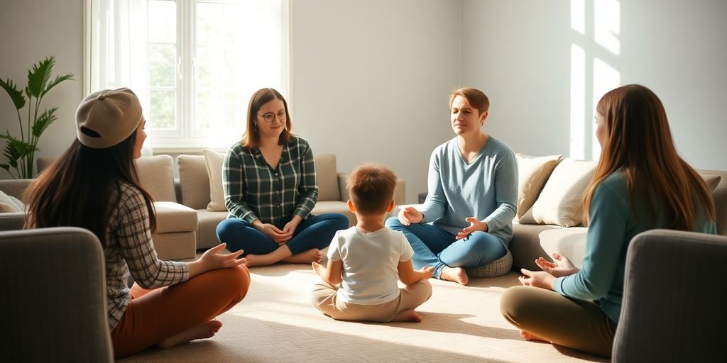 Child-centered mediation scene with supportive adults.