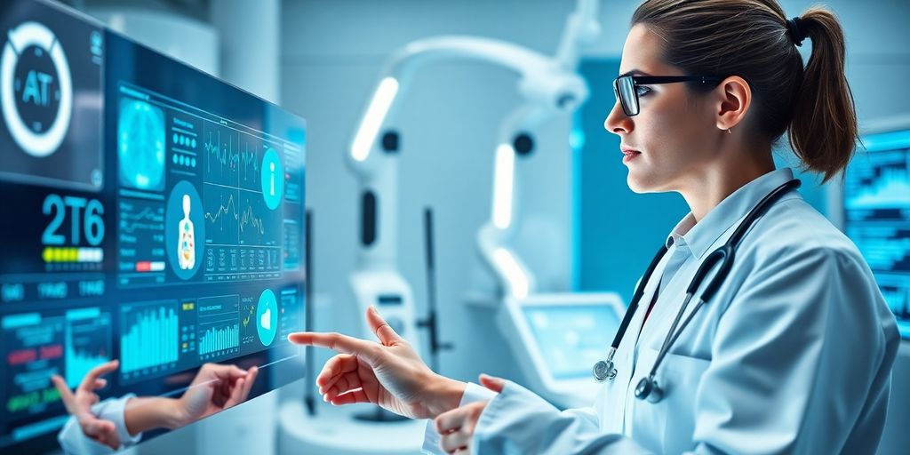 Healthcare professional using AI technology in a modern setting.