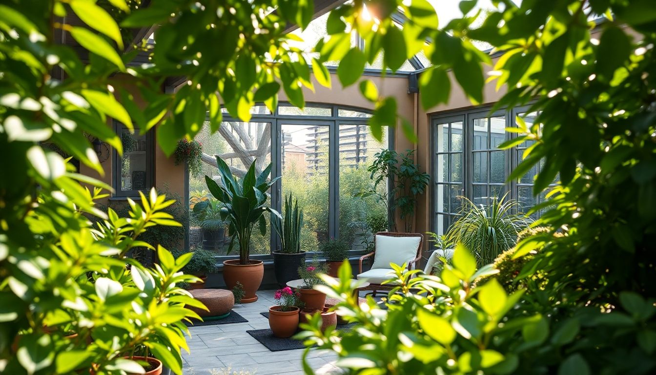 Modern garden studio surrounded by lush greenery.