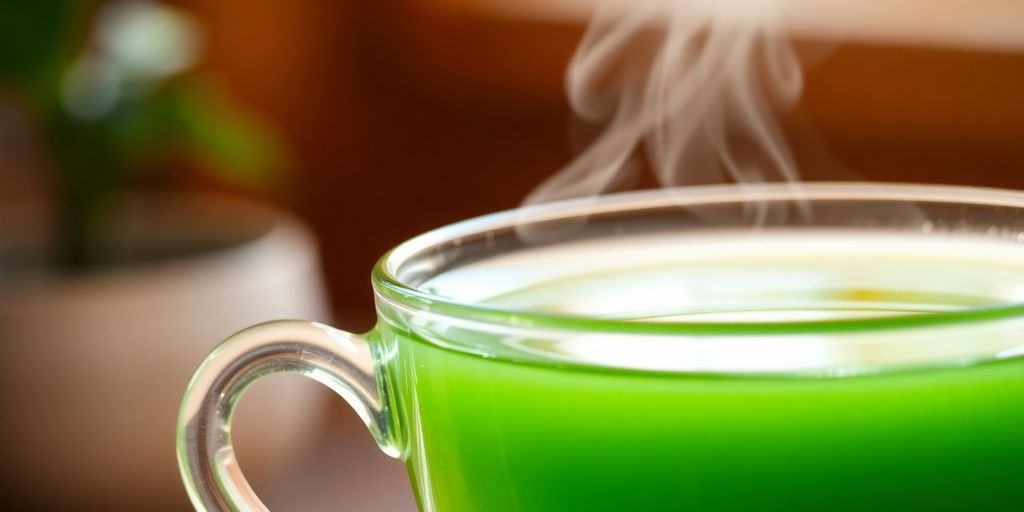 Steaming green tea in a clear cup.