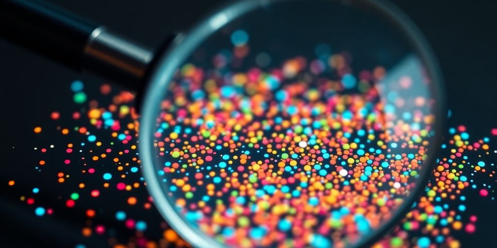 Magnifying glass over scattered data points.