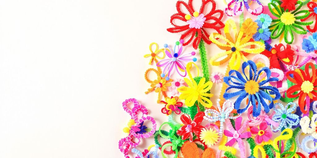 Colorful pipe cleaner flowers in various shapes and sizes.