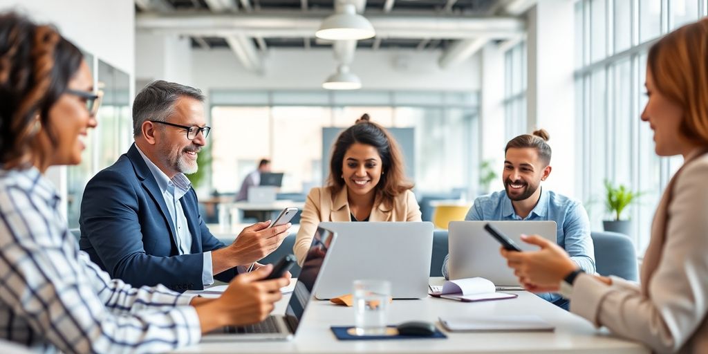 Modern workspace with professionals communicating asynchronously remote.