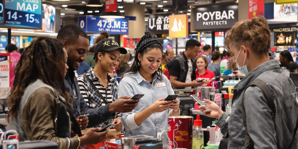 Customers using smartphones for mobile payments in a store.