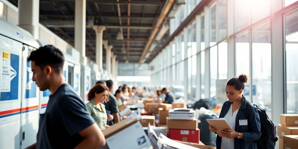 Postal workers sort mail, deliver packages.