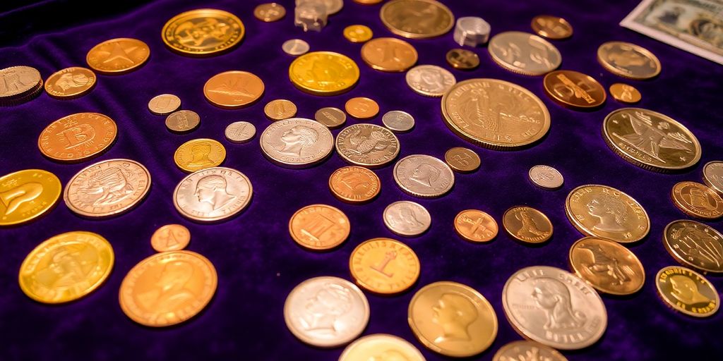 Colorful coins displayed on a velvet cloth.