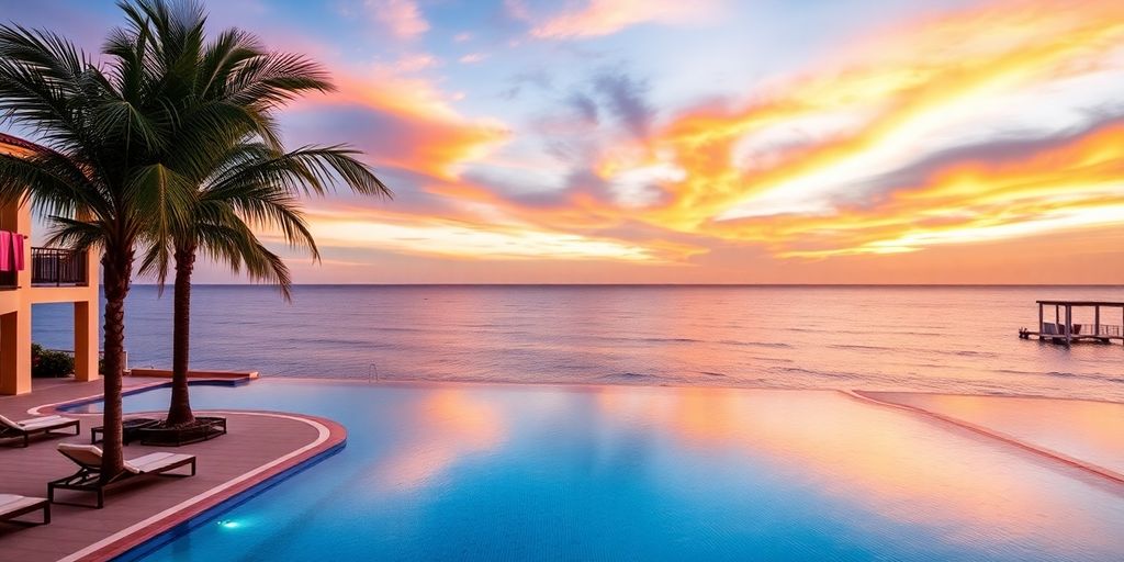 Riu Palace Baja California pool area at sunset.