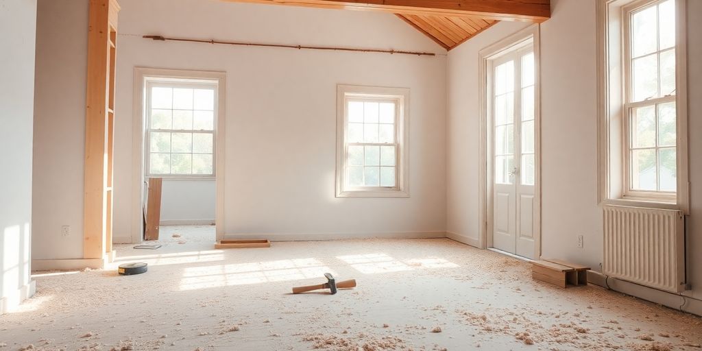 Home renovation in progress with tools and materials.