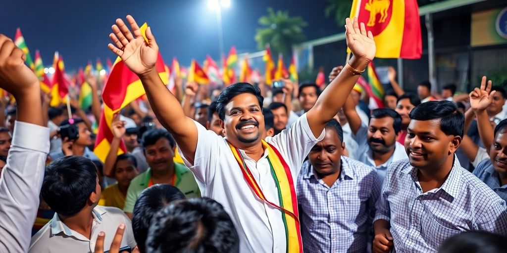 Anura Kumara Dissanayake avec des supporters célébrant.