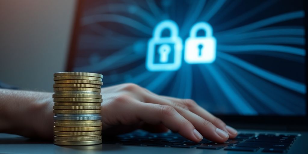 Digital coins, computer, secure lock, hands, glowing data.