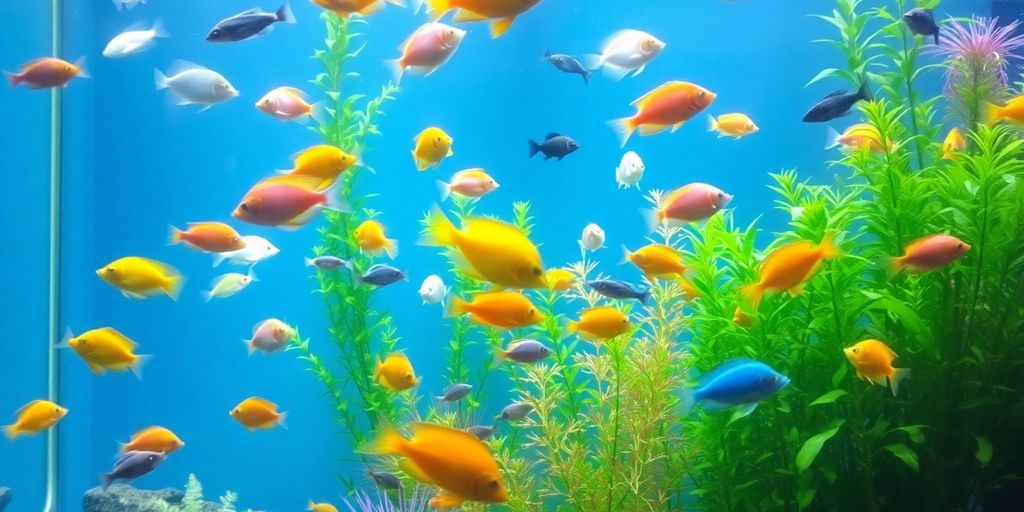 色彩斑斓的水族箱鱼在郁郁葱葱的植物中游泳。