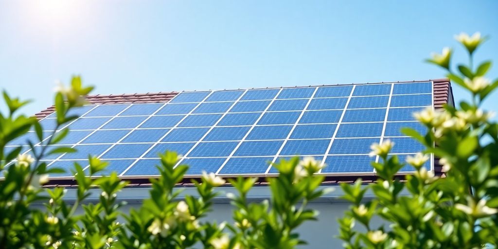 Panouri solare pe acoperiș de casă sub cer albastru senin