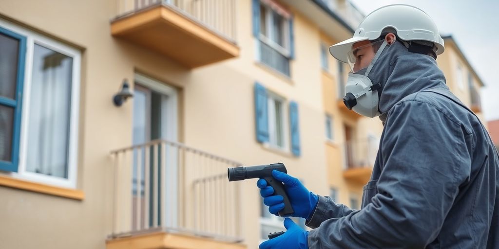 Specialist în dezinsecție verificând un bloc de apartamente.