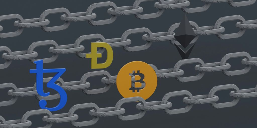 Chains with various cryptocurrency symbols displayed prominently.