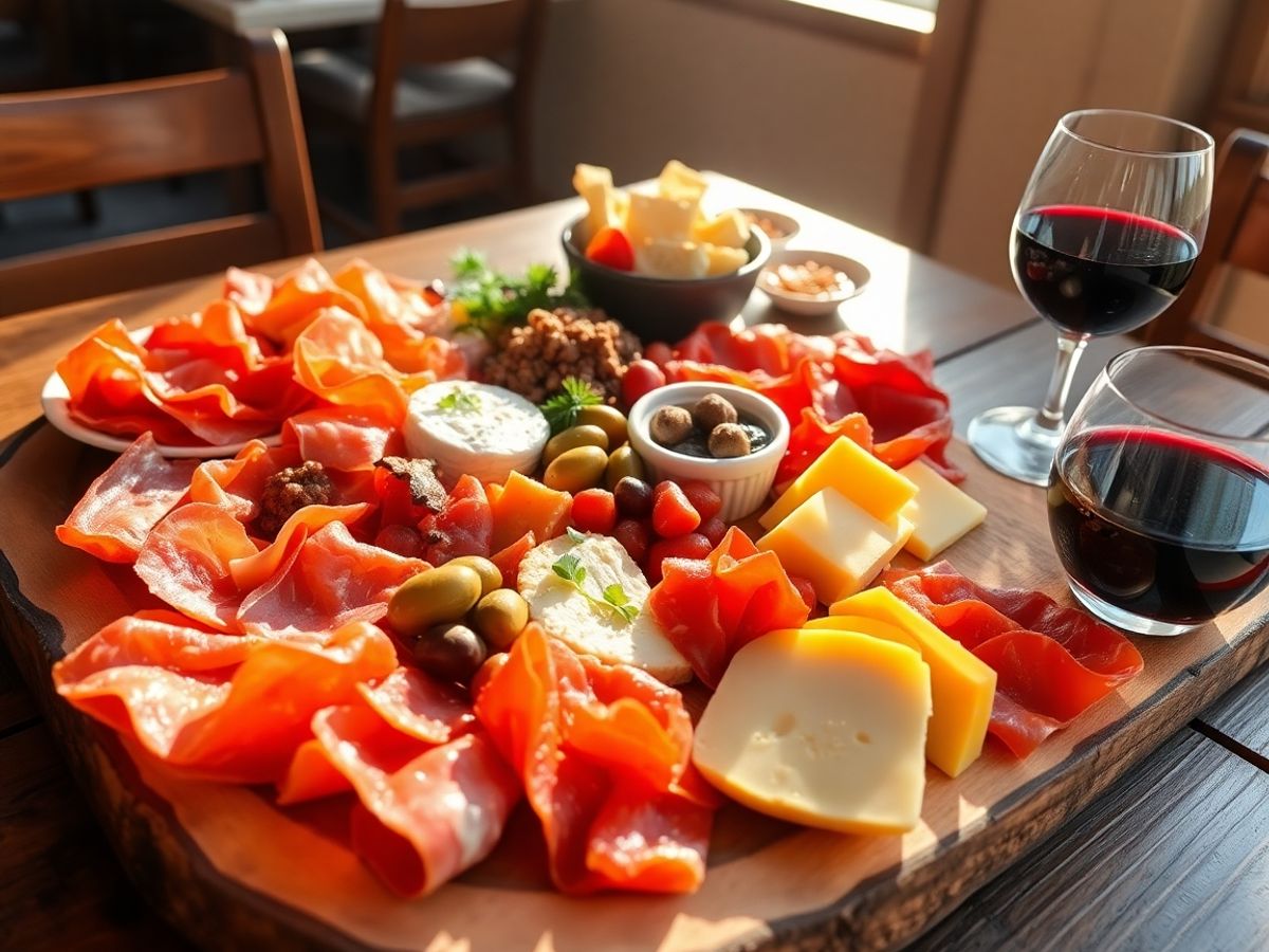 Plates of Spanish tapas and wine.