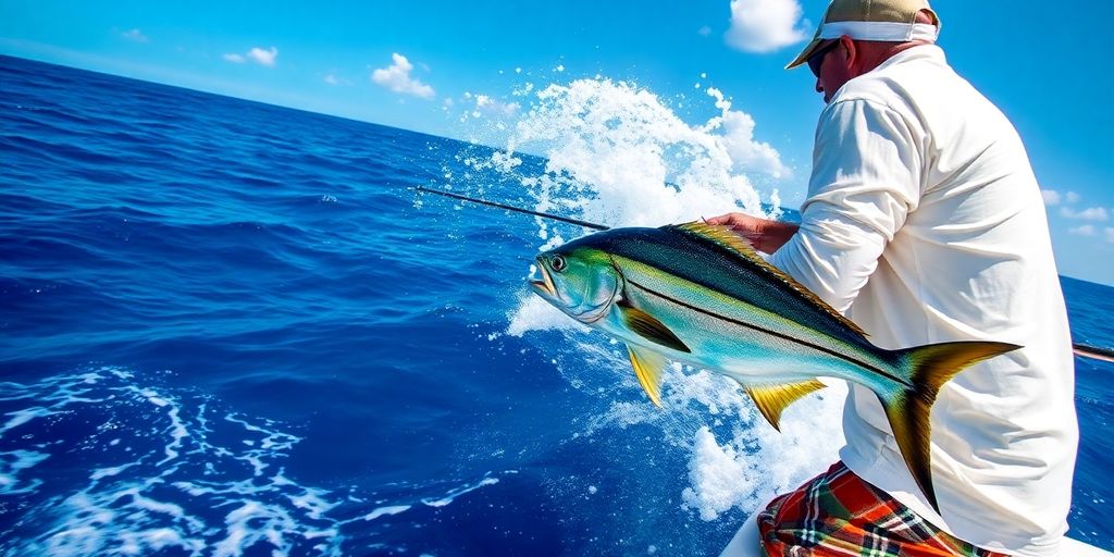 Angler reeling in a large fish from a boat.