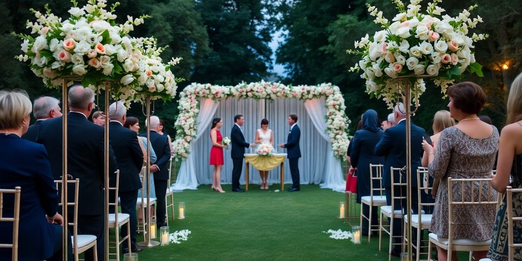 Cenário de casamento civil ao ar livre com flores.