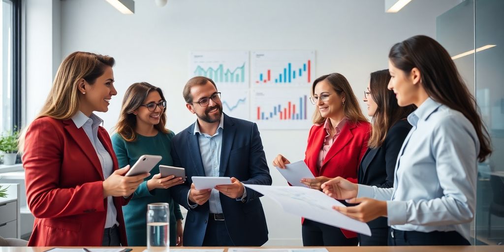 Insurance professionals collaborating in a modern office setting.