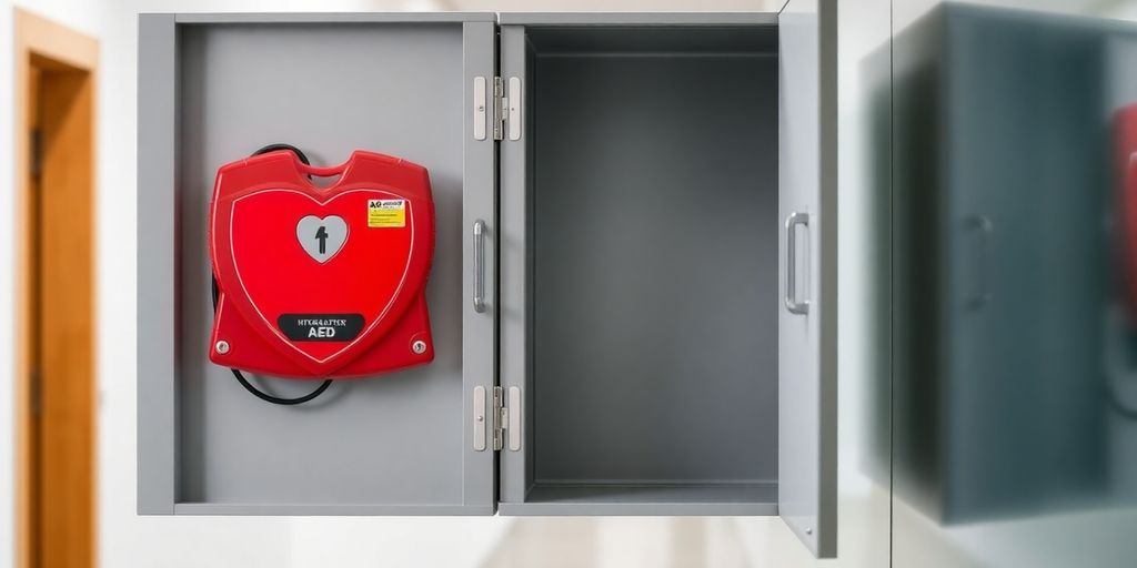 Rode AED in grijze, open binnenkast