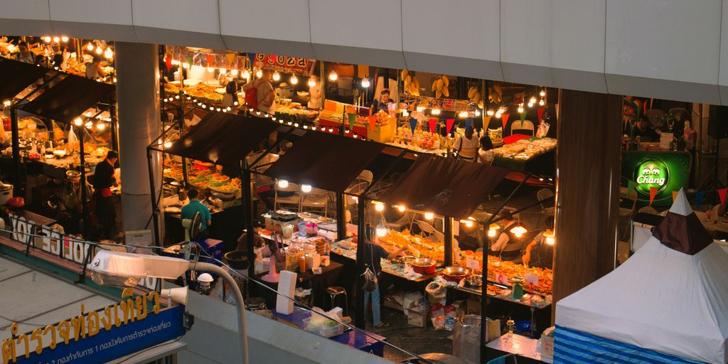 An overhead view of a market at night