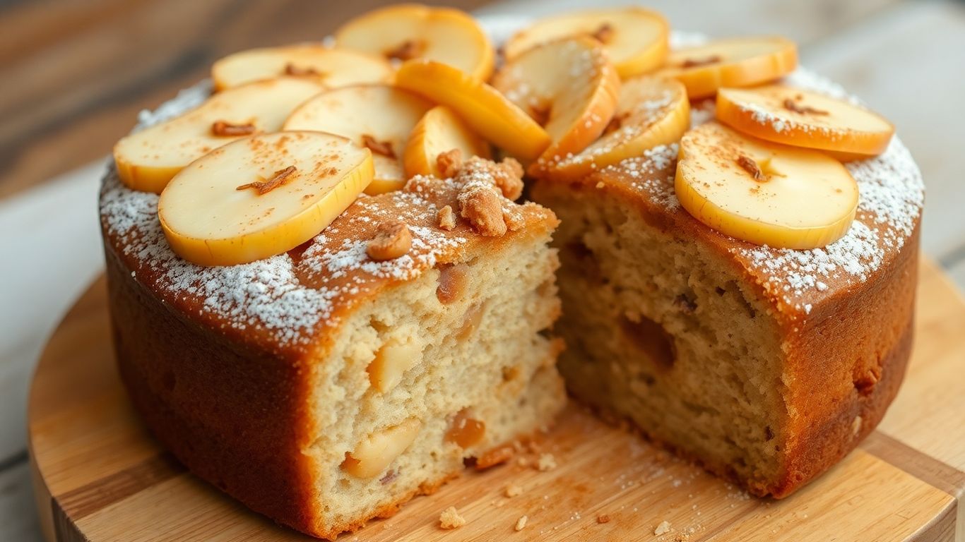 Moist apple cake with cinnamon apples and powdered sugar.