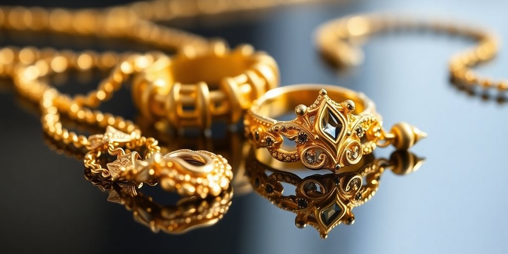 Bijoux en or brillant sur une surface réfléchissante.