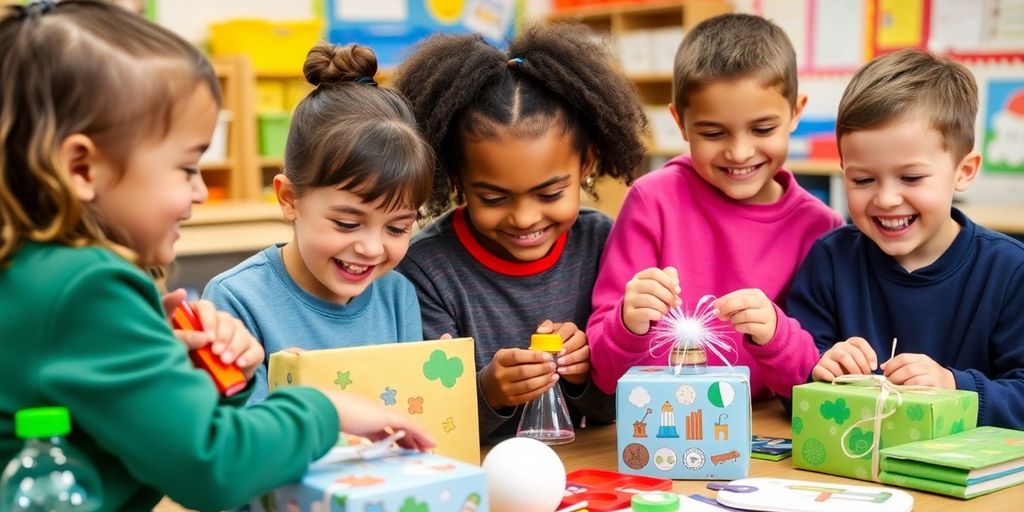 Children exploring science gifts in a colorful classroom.