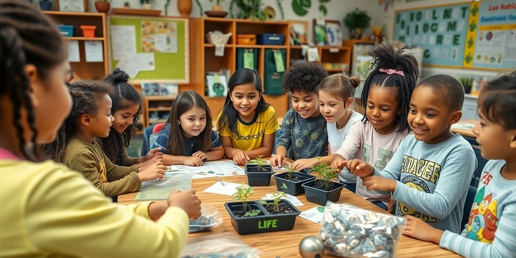 Students engaging in hands-on sustainability education activities.