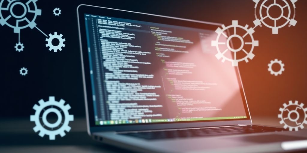 Laptop screen with code and AI icons around it.