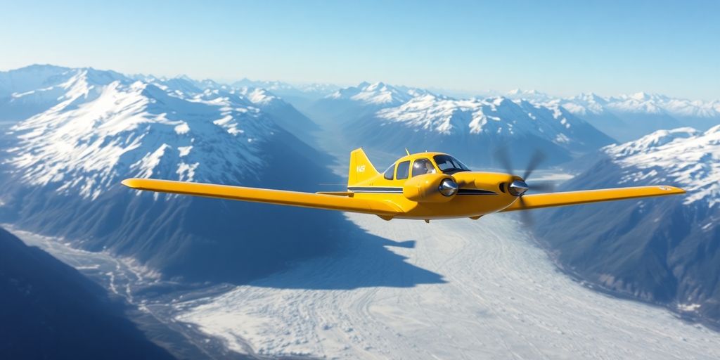 A small bush plane flies over a majestic Alaskan glacier.
