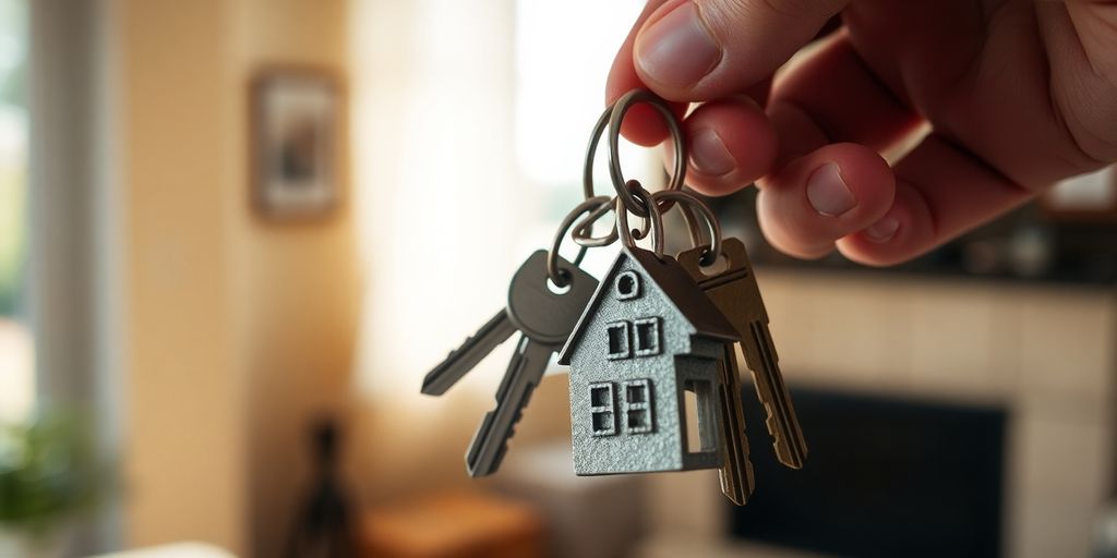 Keys on house-shaped keychain.