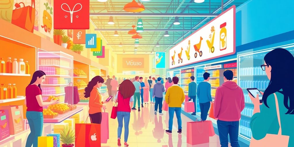 Vibrant online marketplace with customers and diverse products.